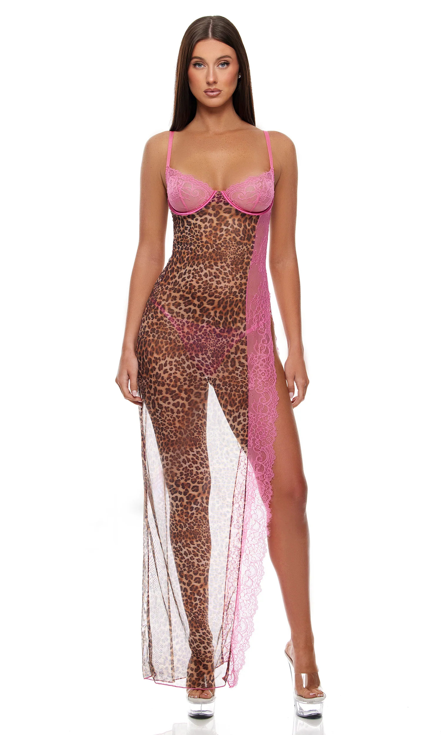 Animal Instincts 2-Piece Sheer Mesh Nightgown Set - Pink Leopard - Image 4