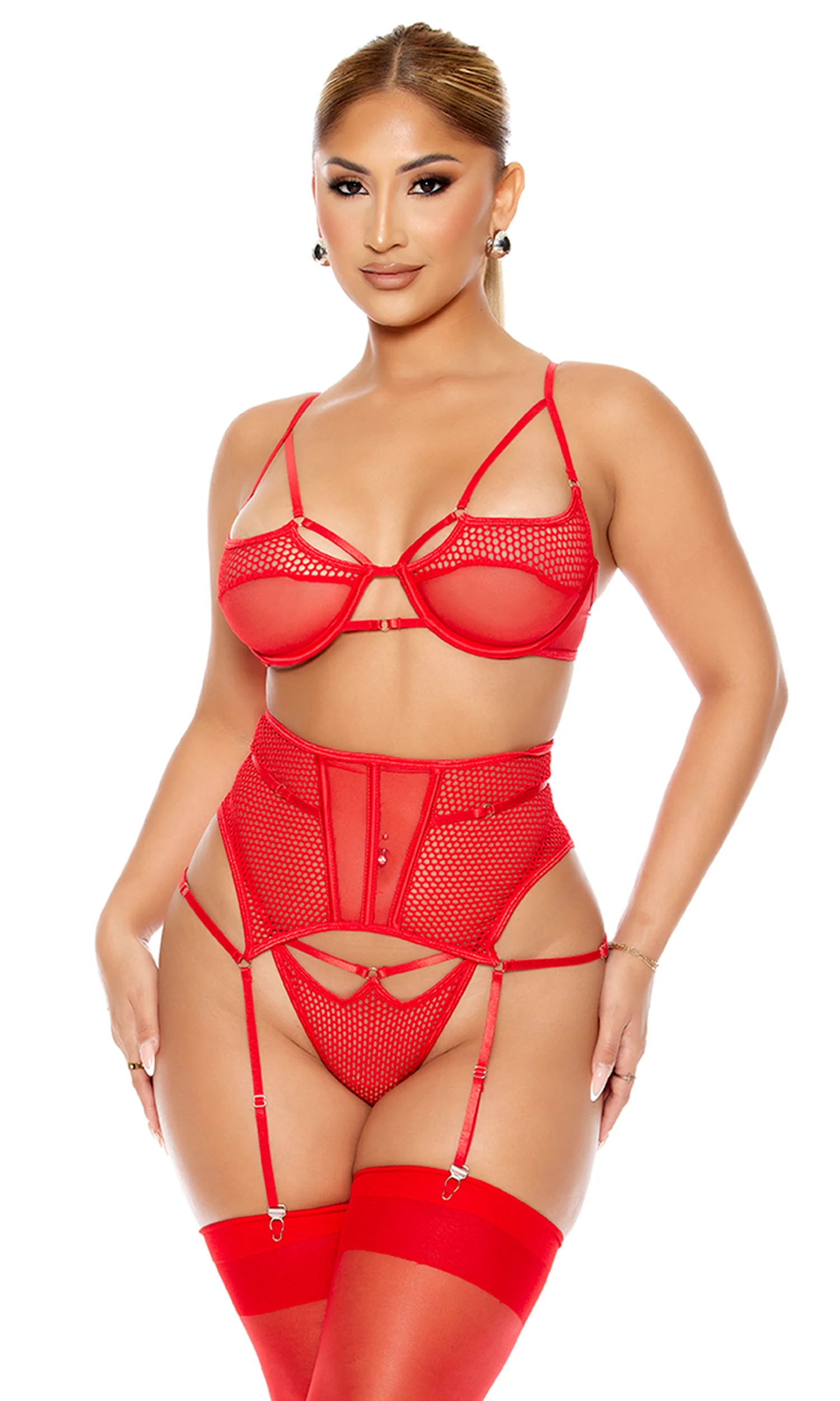 Caught Up O-Net 3-Piece Bra and Waist Cincher Lingerie Set