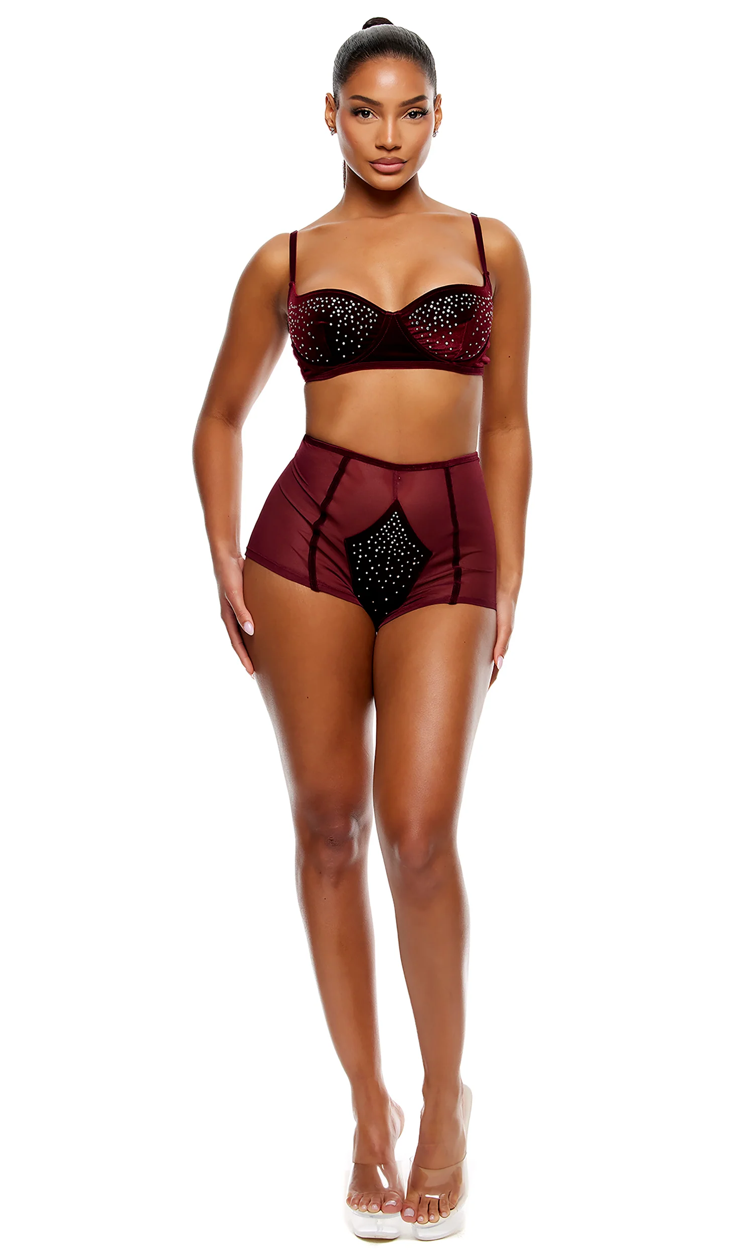 Caught Your Eye 2-Piece Velvet Rhinestone Bra and Briefs Lingerie Set - Wine - Image 3