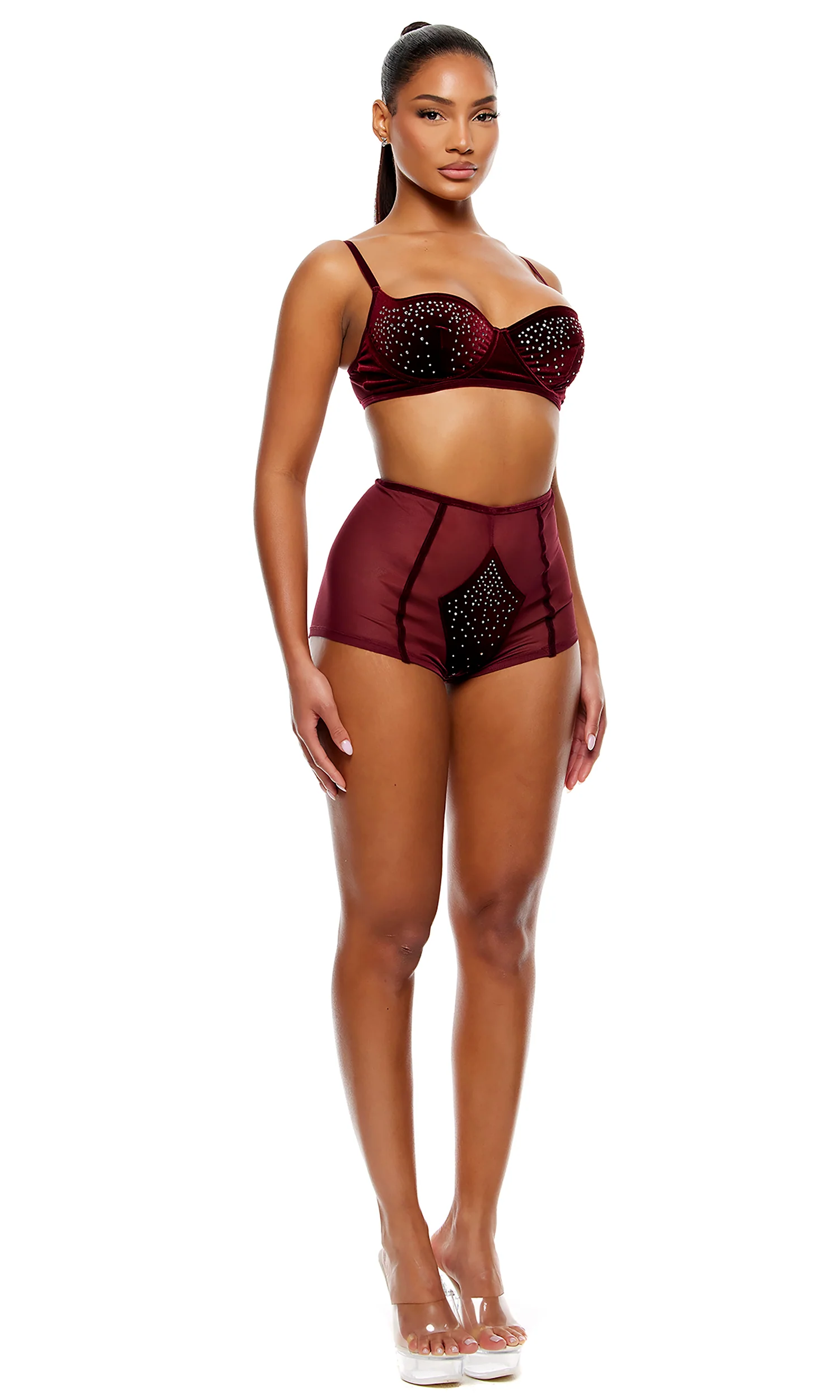 Caught Your Eye 2-Piece Velvet Rhinestone Bra and Briefs Lingerie Set - Wine - Image 4