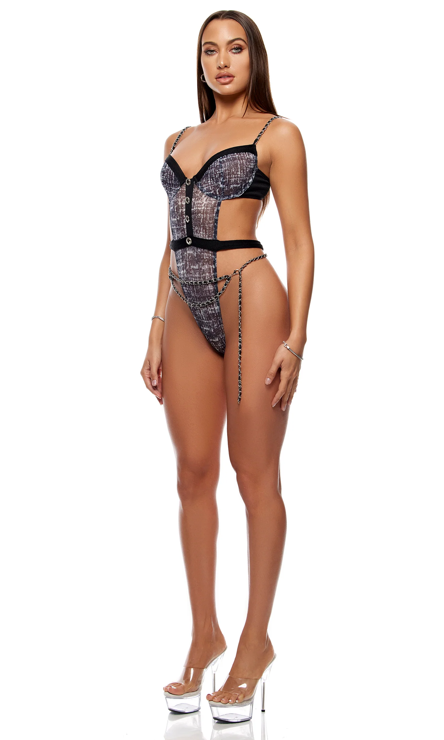 Keep It Classy 2-Piece Mesh Teddy Lingerie Set - Black White - Image 3