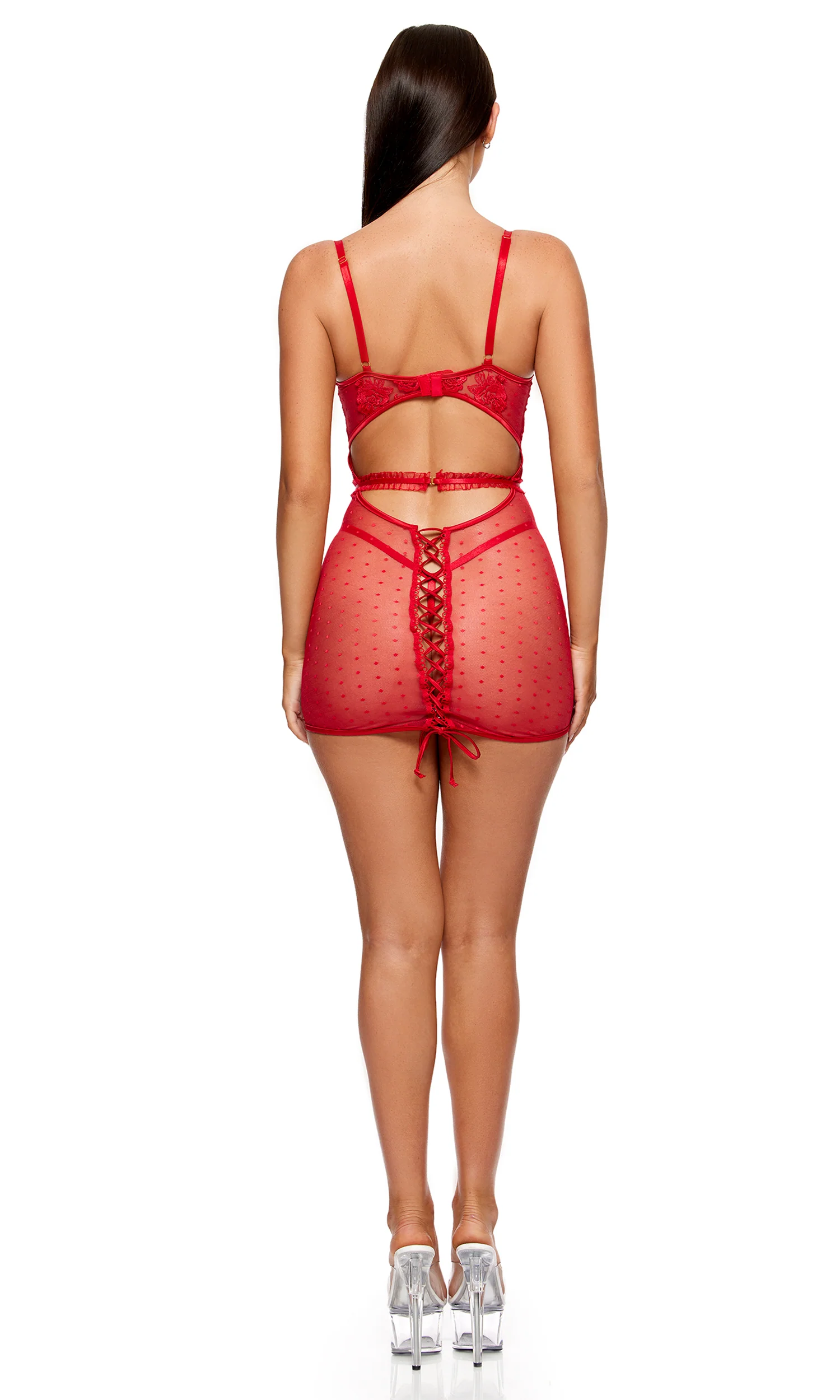 La Vie en Rose 3-Piece Metallic Embroidered Chemise Set - Red - Image 4