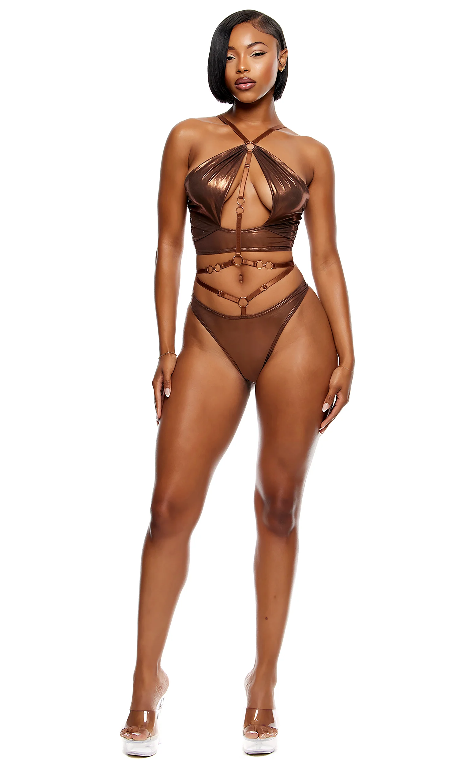 Liquid Metal 2-Piece Metallic Mesh Halterneck Bra Lingerie Set - Copper - Image 3