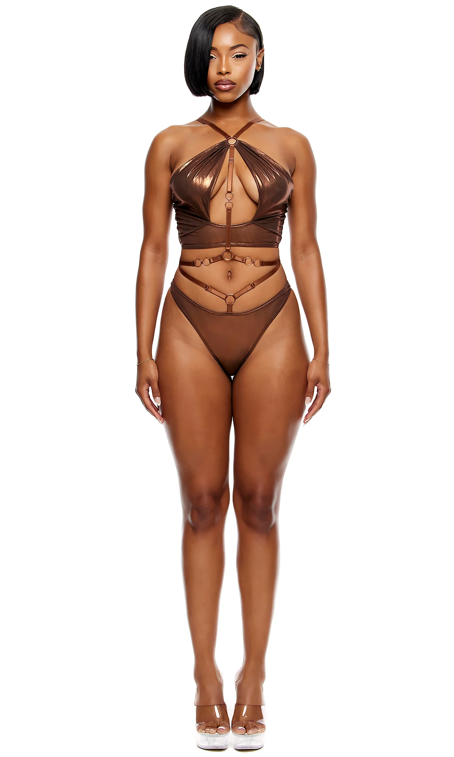 Liquid Metal 2-Piece Metallic Mesh Halterneck Bra Lingerie Set - Copper - Image 4