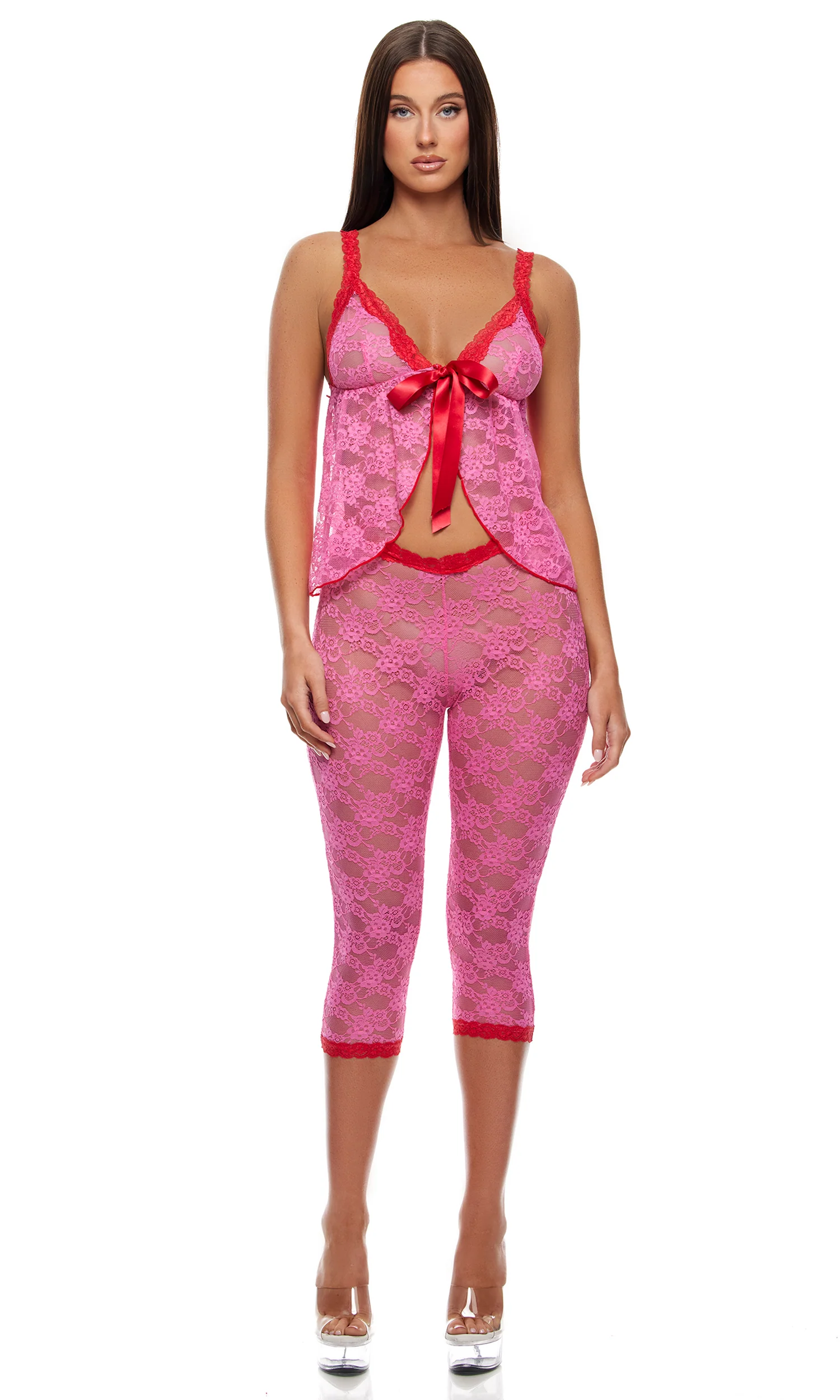 Lounge Affair 2-Piece Babydoll Cami and Capris Set - Red Pink - Image 3