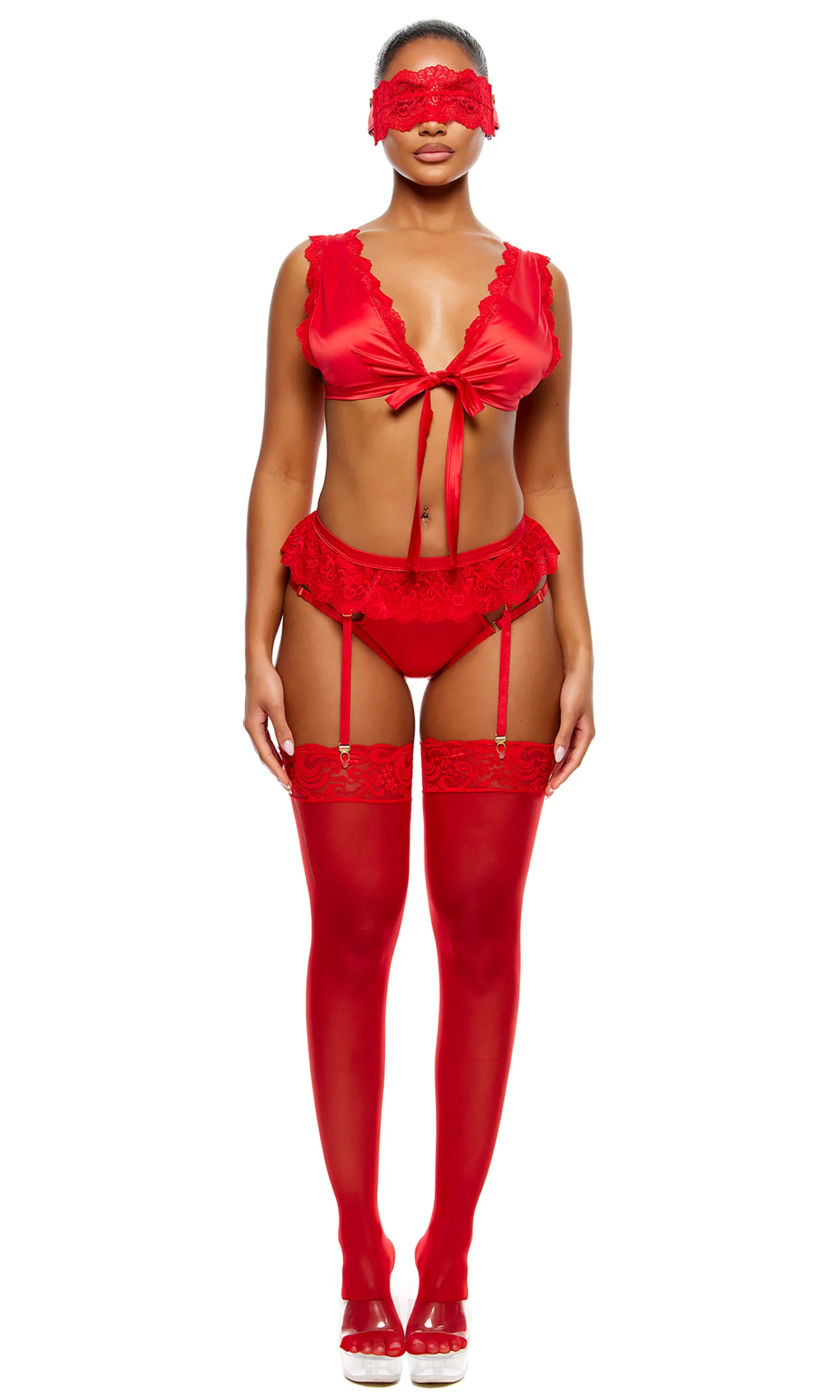 No Strings Attached 3-Piece Satin and Mesh Lace Trim Bra and Garter Belt Lingerie Set - Red - Image 3