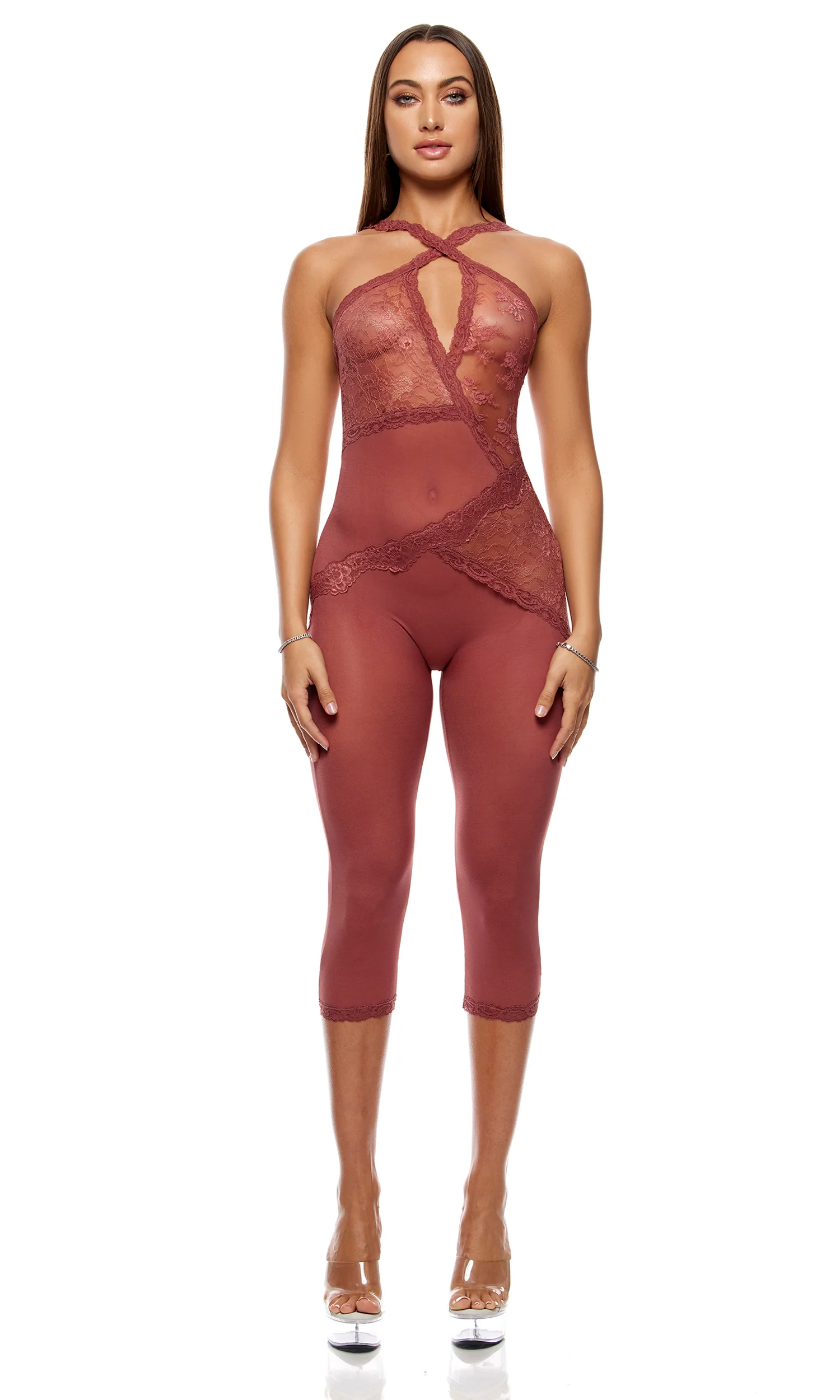 Patch of Petals Lace Capri Catsuit - Spice - Image 3