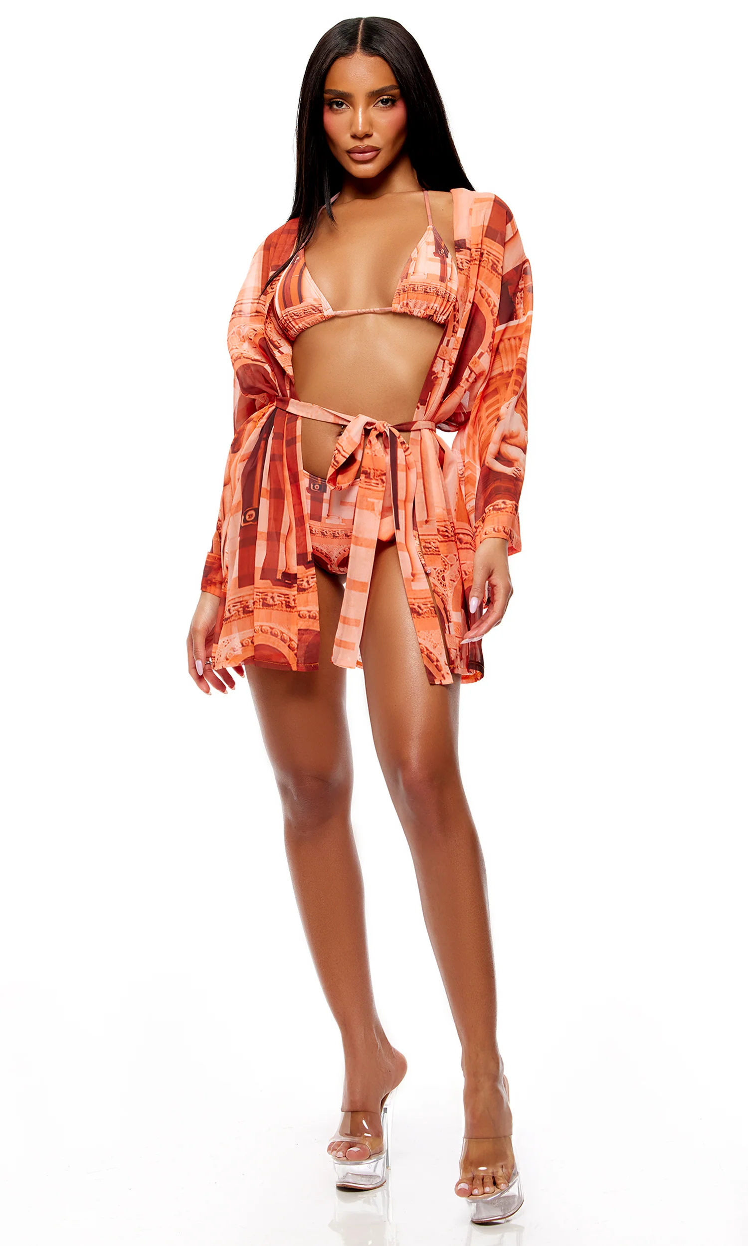 Poolside Cabana 2-Piece Renaissance Print Coverup Kimono - Orange - Image 5