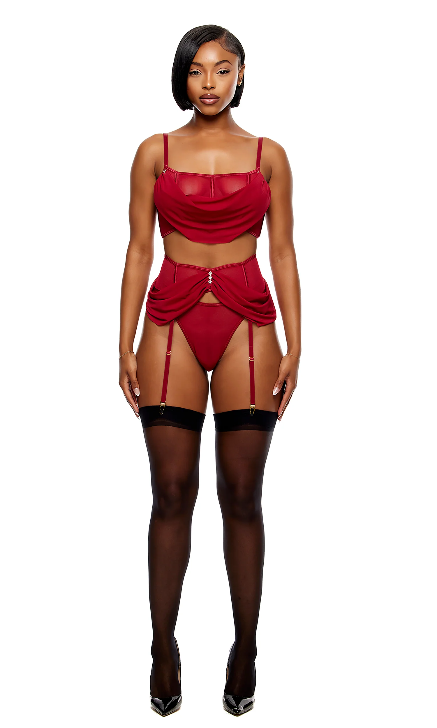 Princess Treatment 3-Piece Draped Mesh Bra and Garter Belt Lingerie Set - Wine - Image 3