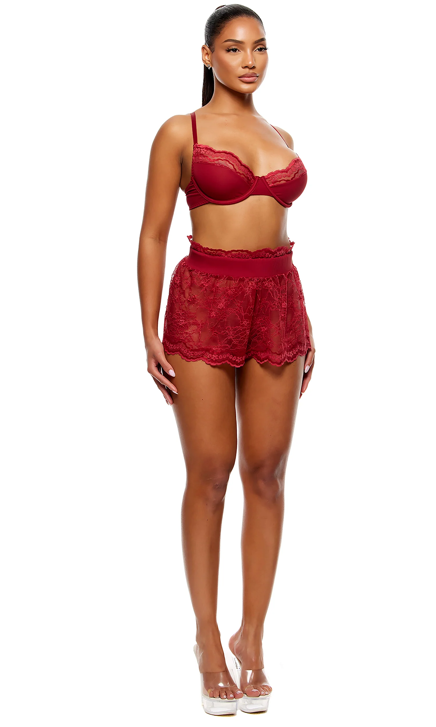 Self Care Ribbed Lace Bra and Shorts Lingerie Set - Wine - Image 3