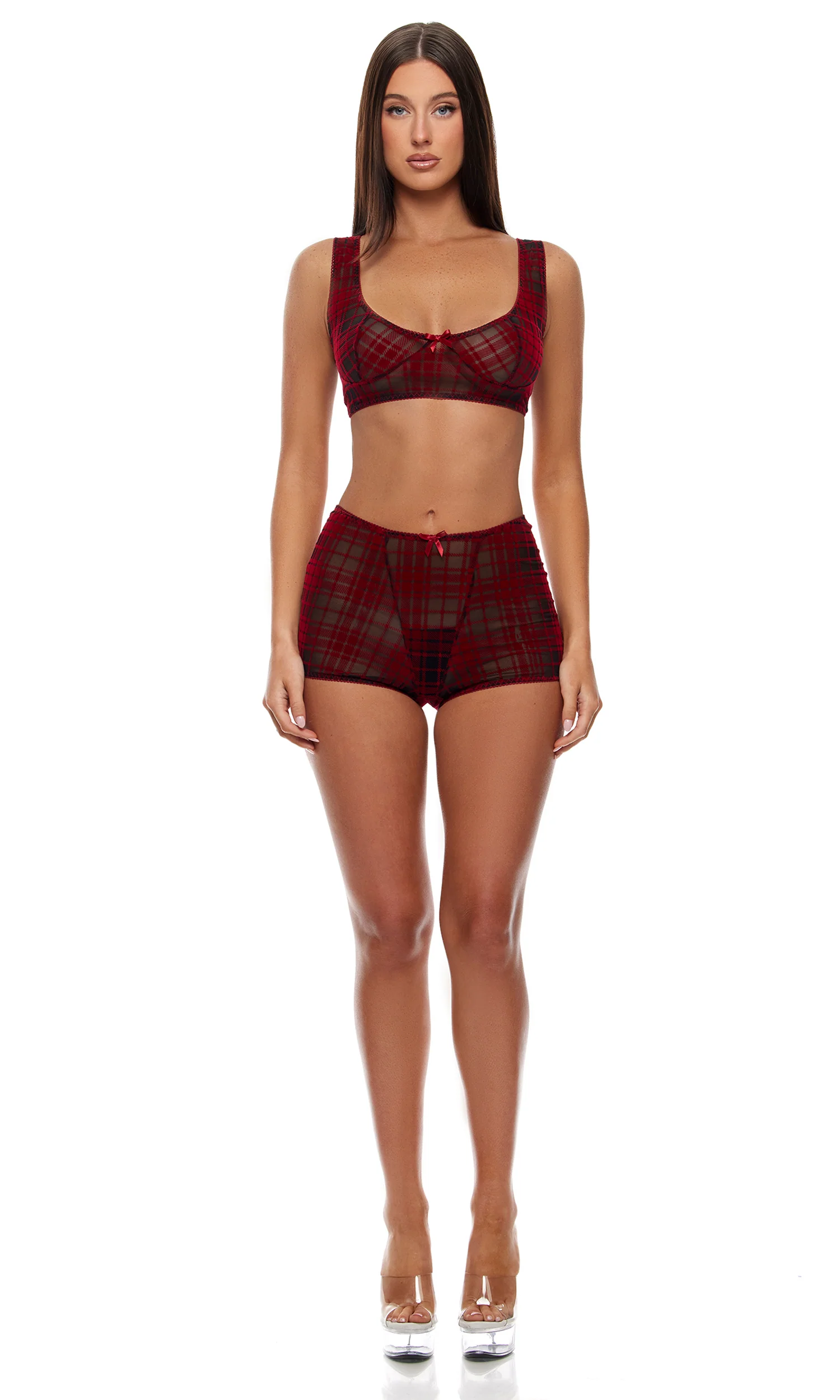 Velvet Lines 2-Piece Plaid Mesh Bralette and Briefs Set - Red